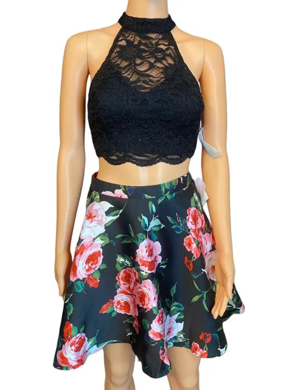 City Studios Two-Piece Lace Halter Top & Floral Skirt Set